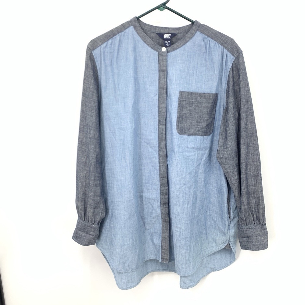Lands End Women Size XL 18 Petite Shirt Tunic Top Button Down Blue Chambray